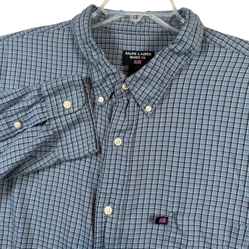 Ralph Lauren Jeans Co. Mens Plaid Button Down Shirt XXL Blue Cotton Long Sleeve